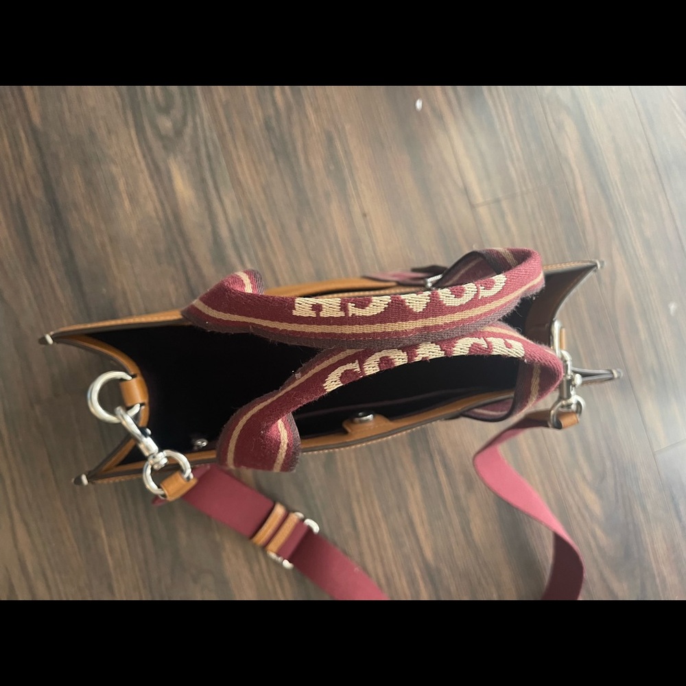 Coach Mustard Yellow Leather Tote with Burgundy Strap - Picture 3 of 4